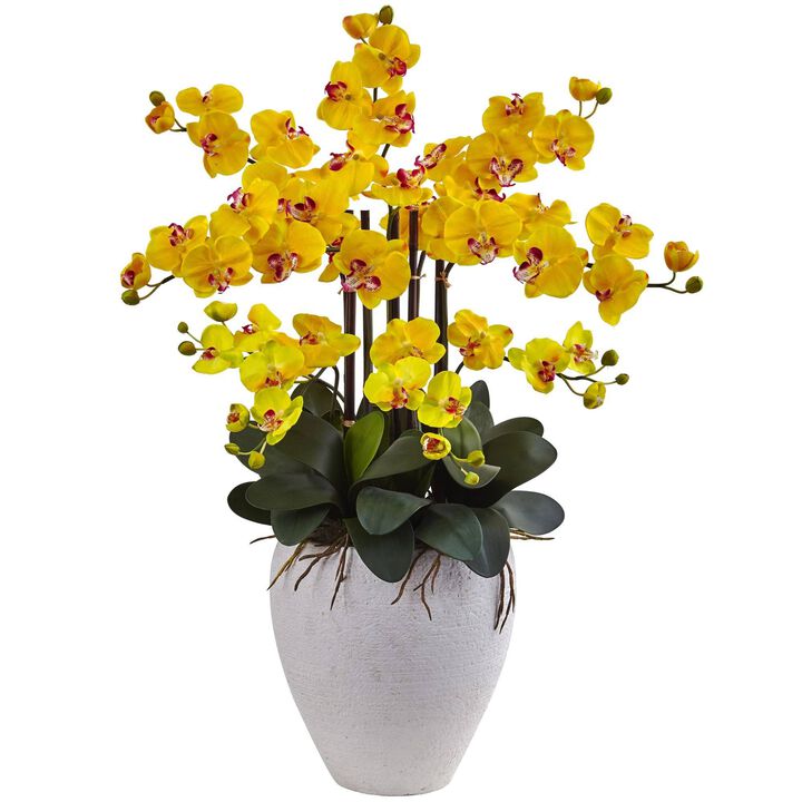 Nearly Natural 34-in Phalaenopsis Orchid with White Planter Yellow