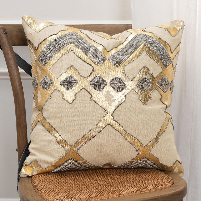 Homezia Beige Gold Foil Distressed Modern Throw Pillow