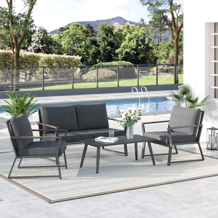 Dark Grey 4 Piece Aluminum Patio Furniture Set: Conversation Set, Outdoor Garden Sofa Set with Armchairs, Loveseat, Coffee Table and Cushions