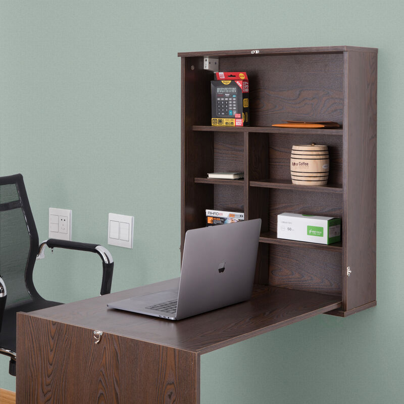 Wall Mount Laptop Fold-out Desk with Shelves, White