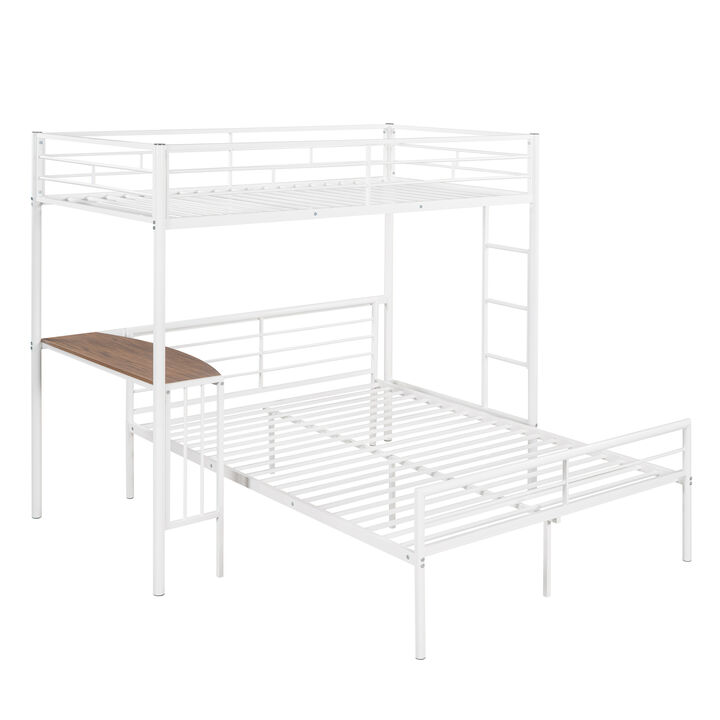 Twin Over Full Metal Bunk Bed With Desk, Ladder And Quality Slats For Bedroom, Metallic Silver