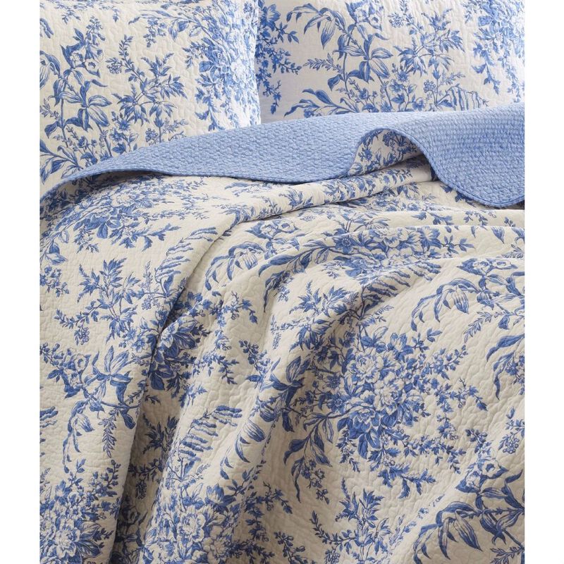 QuikFurn King size 100-Percent Cotton Quilt Bedspread Set with Blue White Floral Leaves Pattern