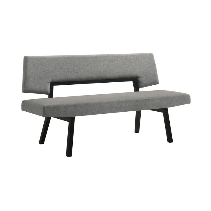 Yumi 63 Inch Dining Bench, Seat and Back with Charcoal Gray Fabric, Black - Benzara