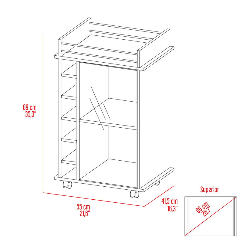 DEPOT E-SHOP Huali Bar Cart, Six Built-in Wine Rack, Glass Door, Four Casters, Two Shelves, Smokey Oak