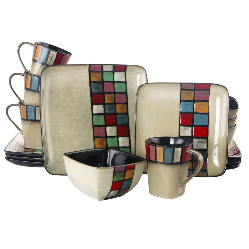 Elama Color Melange 16 Piece Multicolored Square Stoneware Dinnerware Set