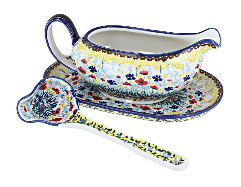 Blue Rose Polish Pottery Sage Floral Gravy Boat & Ladle