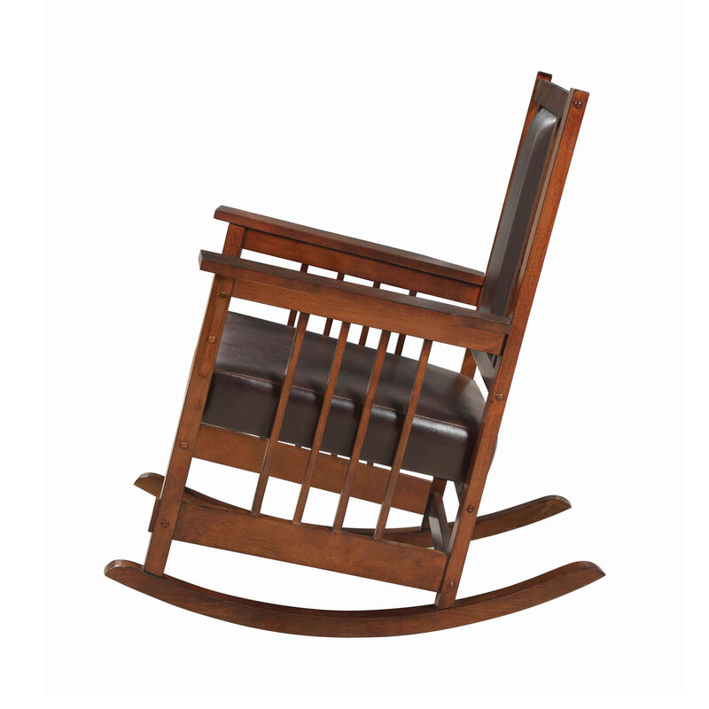 Mission Style Rocking Chair, Leather Upholstered Seat & Back, Tobacco and Dark Brown-Benzara