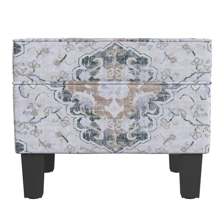 Ishi Accent Storage Ottoman, 22 Inch White Blue Print, Black Wood Legs