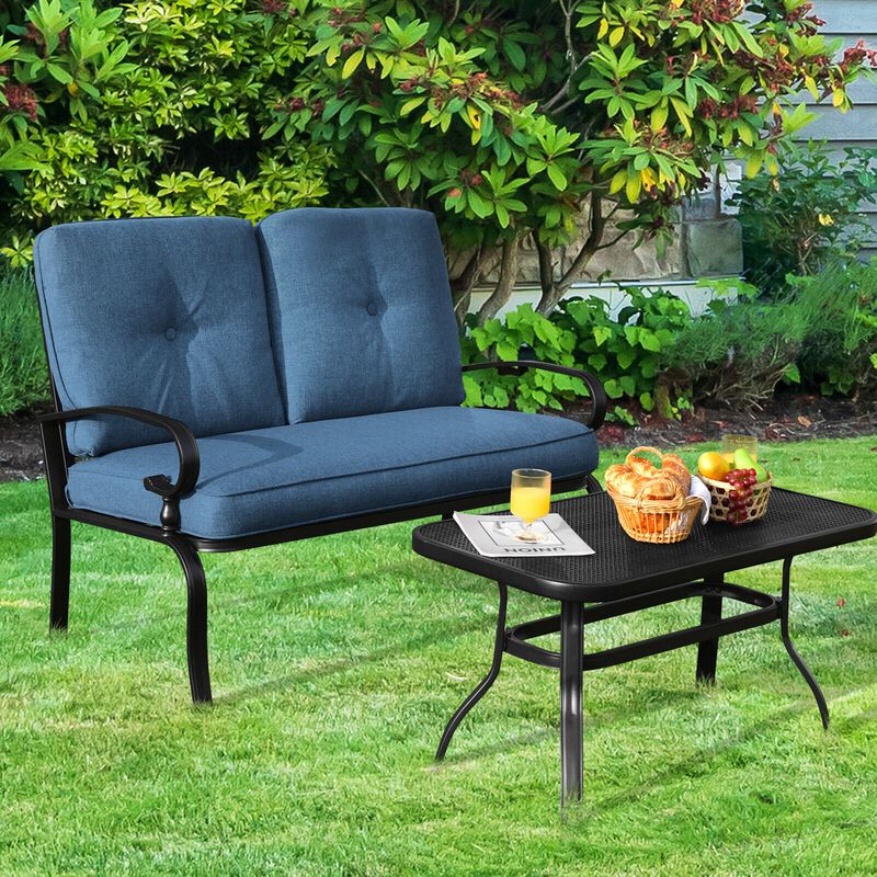 2PCS Patio Loveseat Bench Table Furniture Set with Cushioned Chair