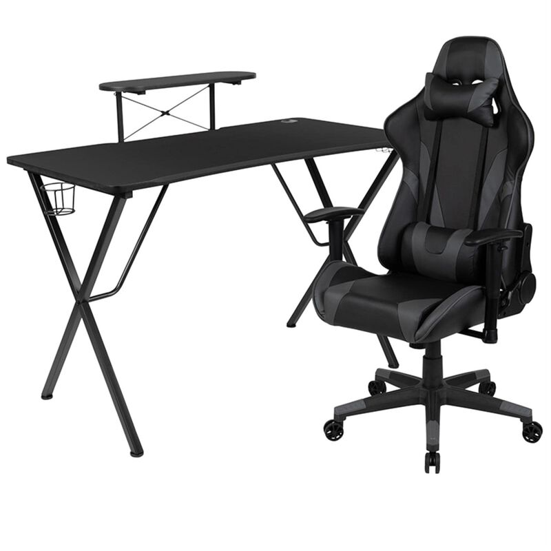 Flash Furniture Optis Black Gaming Desk and Gray Reclining Gaming Chair Set with Cup Holder, Headphone Hook, and Monitor/Smartphone Stand