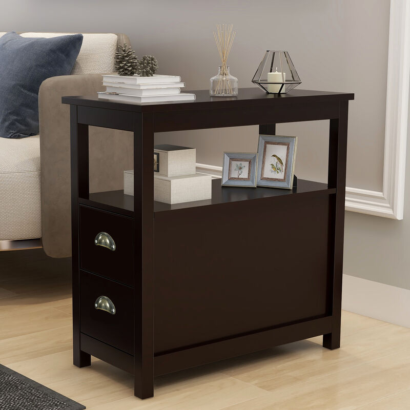 2 Drawers Narrow Nightstand End Table with Compact Design Open Shelf