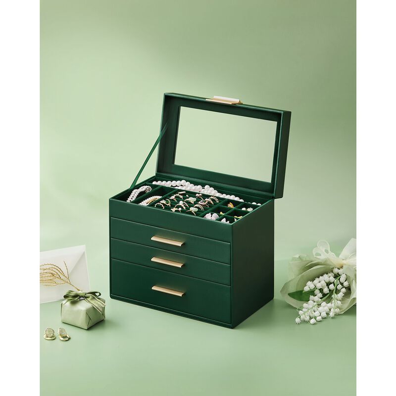 4-Layer Jewelry Box with Glass Lid and 3 Drawers - Modern Organizer for Sunglasses and Big Jewelry