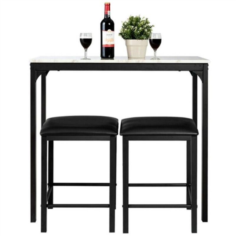 Hivvago Modern 3 Piece Dining Set White Faux Marble Table Top and 2 Black Chairs Stools