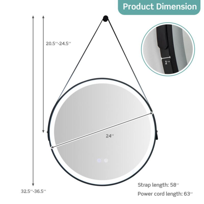 Hivvago 24 Inch Round Wall-mounted Mirror with 3 Color LED Lights and Anti-Fog Function