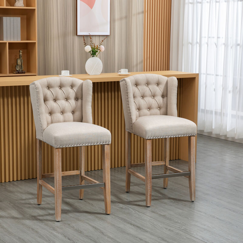 HOMCOM Counter Height Bar Stools Set of 2, Upholstered 26.75" Seat Height Barstools, Breakfast Chairs with Nailhead-Trim, Tufted Back and Wood Legs, Beige