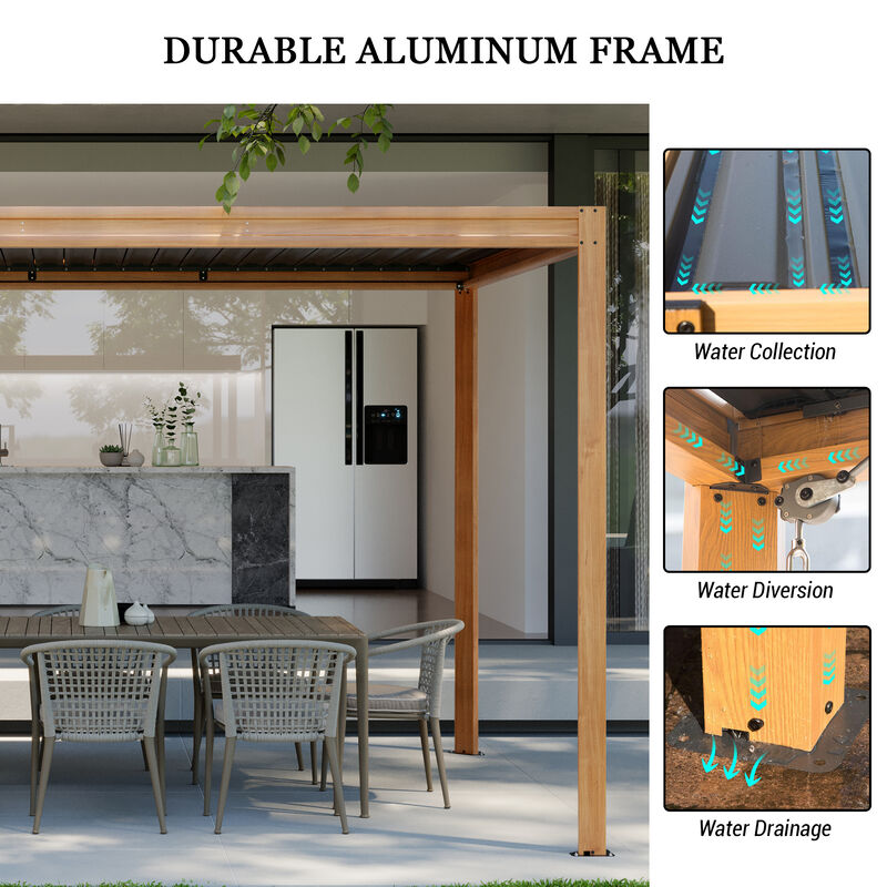 MONDAWE 10X13FT Outdoor Wood Looking Louvered Pergola Wood Grain Aluminum Pergola with Adjustable Roof for Patio, Deck, Garden