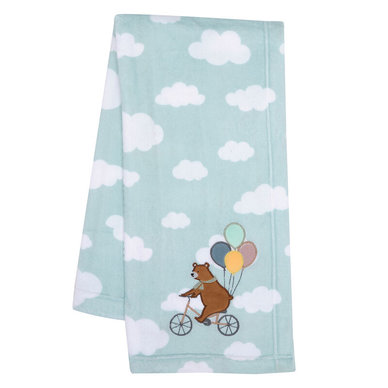 Bedtime Originals Up Up & Away Bear/Balloon/Cloud Soft Blue Fleece Baby Blanket