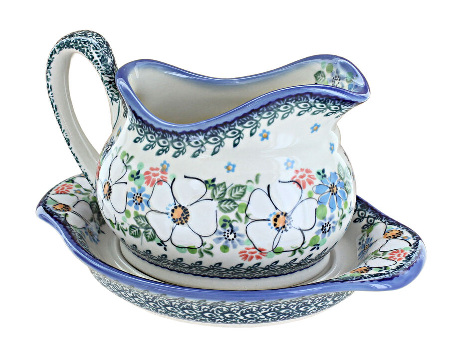 Blue Rose Polish Pottery Hannah Gravy Boat & Plate