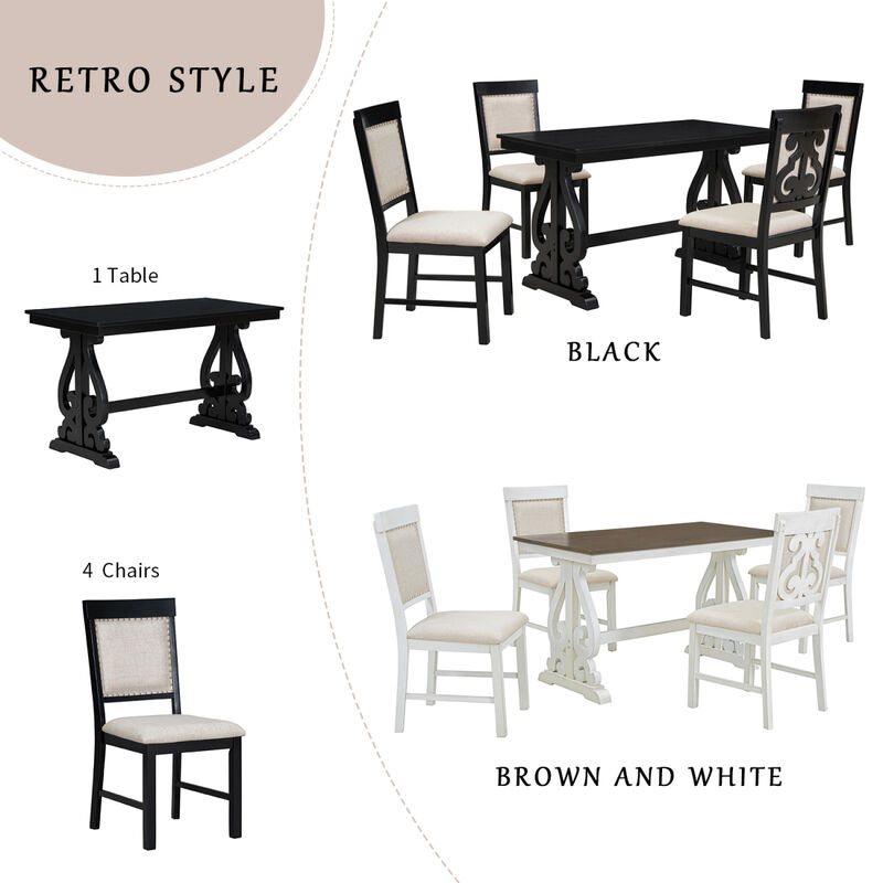 5Piece Retro Dining Set, Rectangular Wooden Dining Table and 4 Upholstered Chairs for Dining Room and Kitchen (Black)