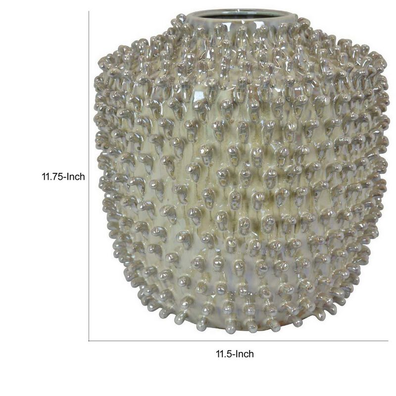 12 Inch Accent Vase, Modern Studded Accents, Distressed Gray Ceramic Finish - Benzara