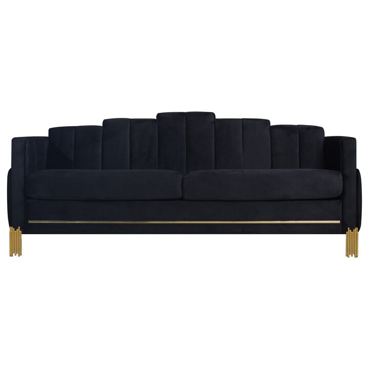 Theo Sofa, Black Velvet, Blue LED Lights, Gold Metal Legs, 83 Inch - Benzara