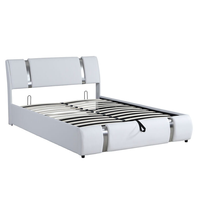 Queen Size Upholstered PU Leather Platform bed with a Hydraulic Storage System, White