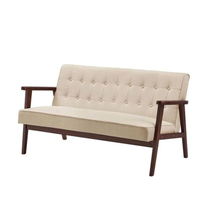 Mid Century Modern Wood Frame Loveseat Sofa Couch with Beige Seat/Back Cushion