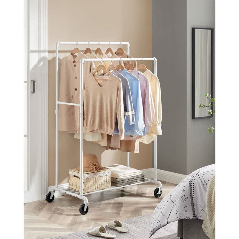 Hivvago Heavy Duty White Pipe Double Rod Garment Clothes Rack with Locking Wheels