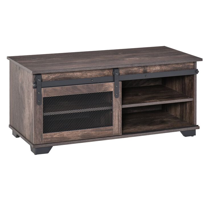 Farmhouse Coffee Table with Sliding Mesh Barn Door, Storage Cabinet, and Adjustable Shelves for Living Room, Dark Brown