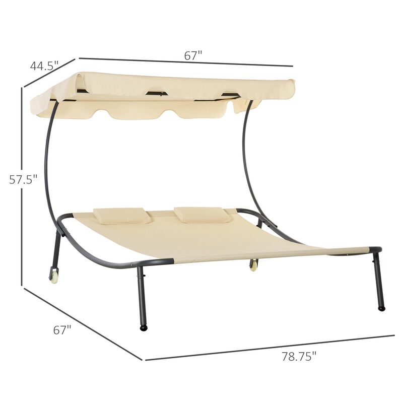 Beige Garden Lounger: Double Chaise with Adjustable Canopy