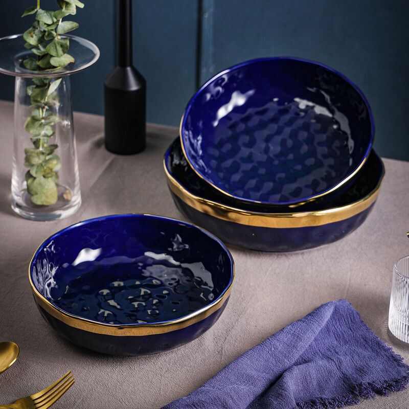 Stone Lain Florian Porcelain Serving Shallow Bowl Set 3 Piece, Blue