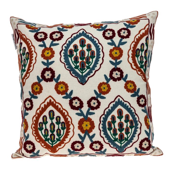 18" Multicolor Floral Embroidered Throw Pillow