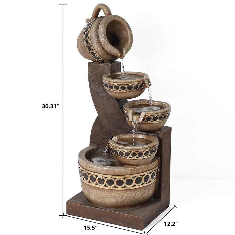 LuxenHome Brown Resin Cascading Pitchers Outdoor Fountain