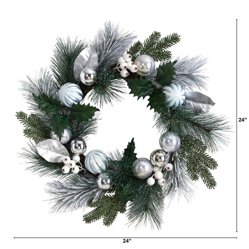 Nearly Natural 24-in Assorted Snow Tipped Pine, Pinecones and Berries Artificial Christmas Wreath with Silver Ornaments