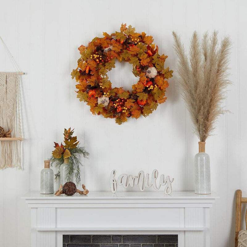 Nearly Natural 30-in Autumn Pumpkin and Maple Leaf Artificial Fall Wreath