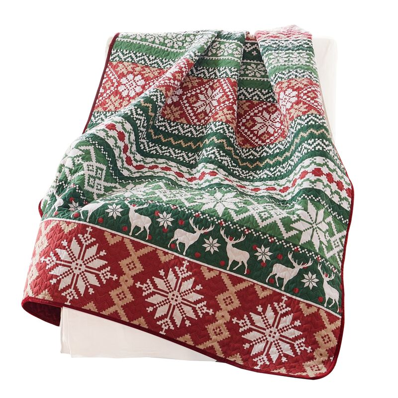 Live 50 x 60 Quilted Throw Blanket, Dutch Velvet, Winter Print, Green, Red - Benzara