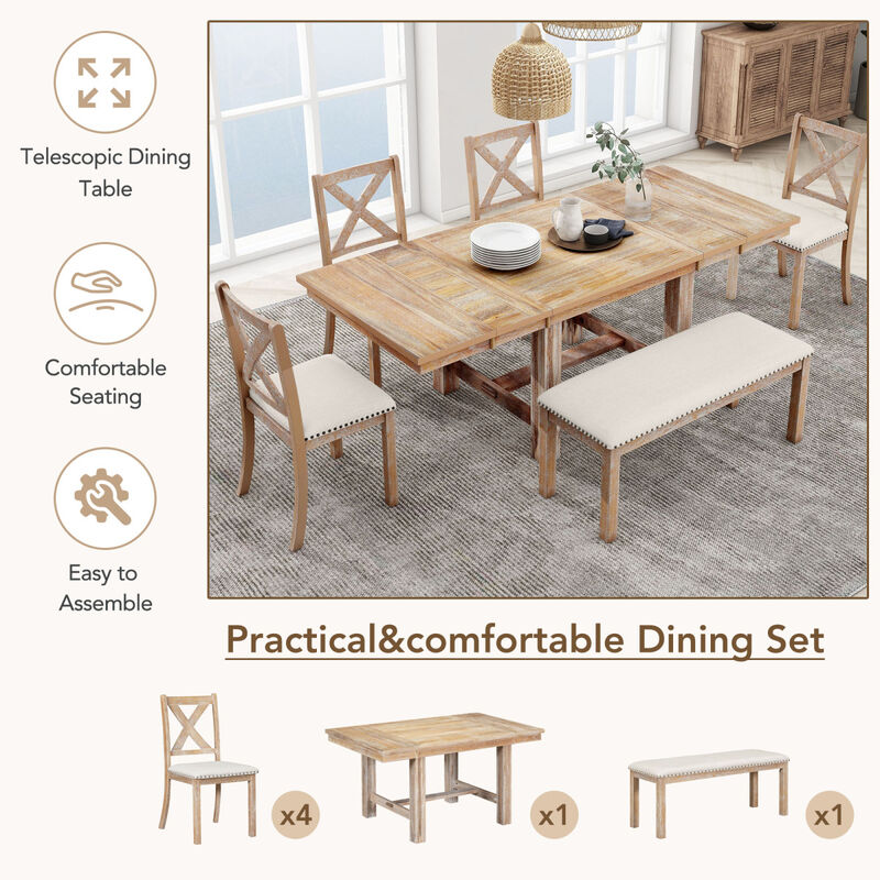 Farmhouse 82inch 6Piece Extendable Dining Table with Footrest, 4 Upholstered Dining Chairs and Dining Bench, Two 11"Removable Leaf, Natural+Beige Cushion