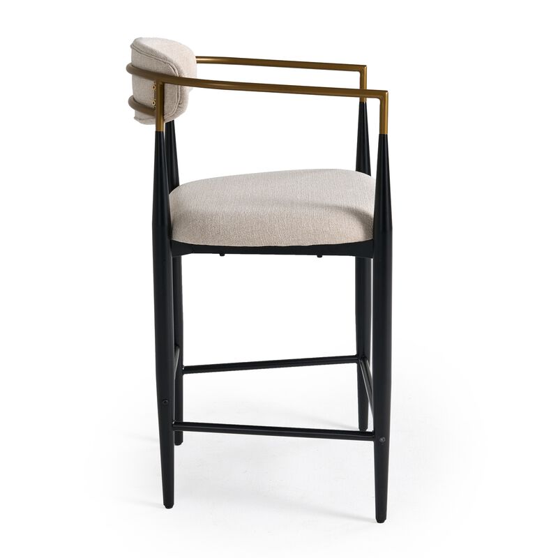 Cid Hita 25 Inch Counter Chair, Light Gray Polyester, Black Iron Legs, Gold - Benzara