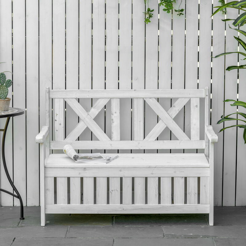 Outsunny Patio Wooden Bench with Storage Box, 29 Gallon Outdoor Storage Bench, Large Entryway Deck Box w/ Unique X-Shape Back, for Deck, Porch & Balcony, White