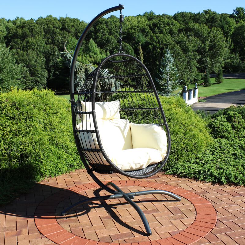 Sunnydaze Resin Wicker Hanging Egg Chair with Steel Stand/Cushions