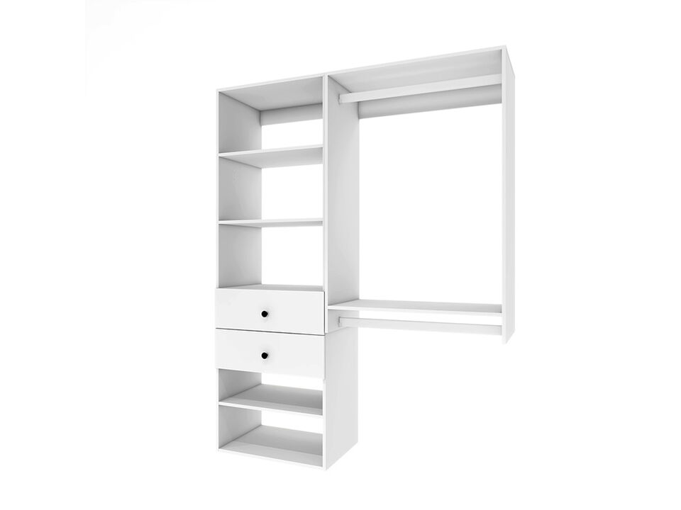 Closet Organizer System, Closet System with 2 Drawers, 2  Clothing Racks， Walk in Closet Organizers and Storage with 5 Shelves Wall Mounted, White Wardrobe Closet