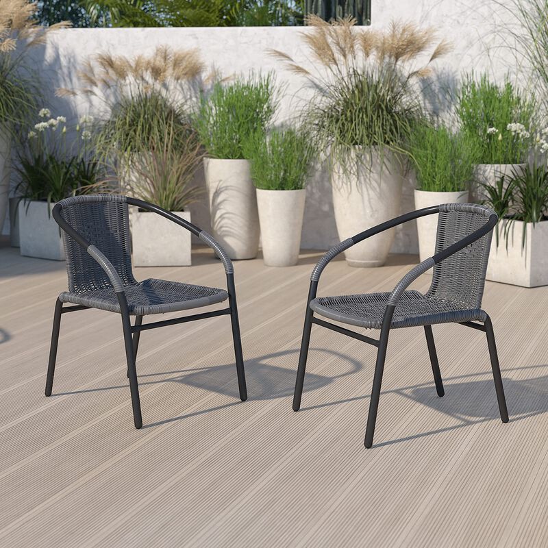 Flash Furniture Lila 2 Pack Gray Rattan Indoor-Outdoor Restaurant Stack Chair