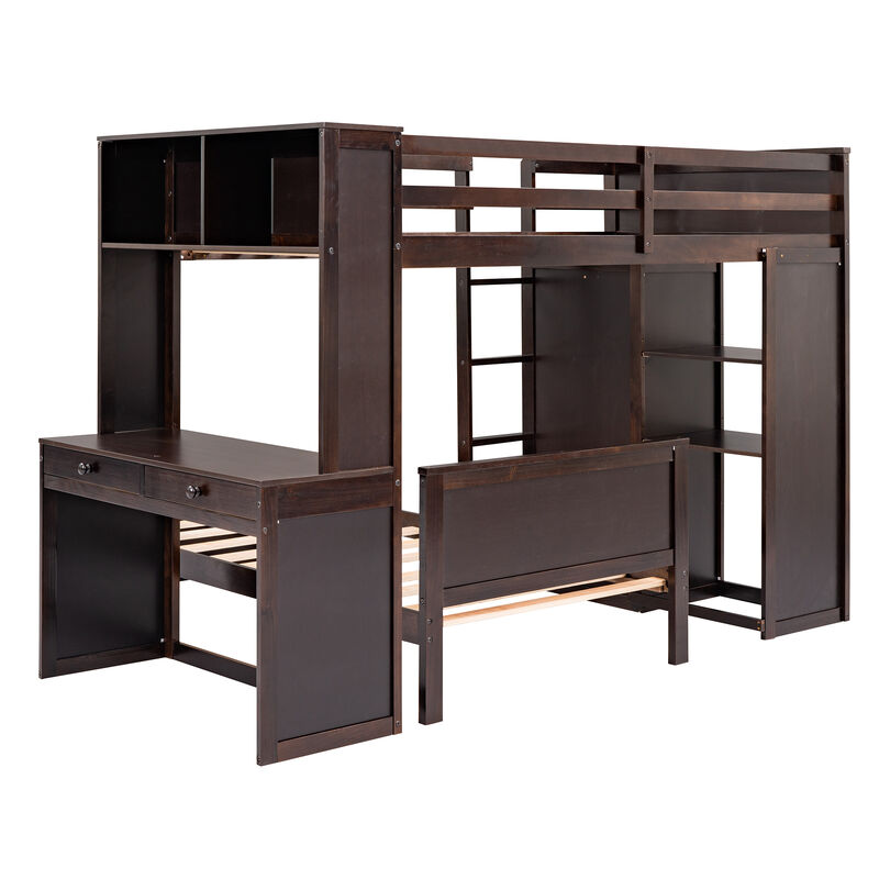 Merax Loft Bed with Storage Shelves and Wardrobe