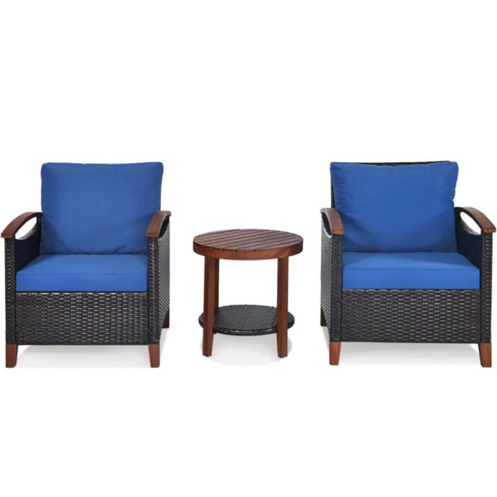 Hivvago 3 Pieces Patio Wicker Furniture Set with Washable Cushion and Acacia Wood Tabletop