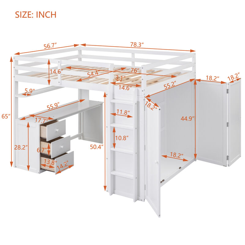 Full size Loft Bed with Drawers, Desk, and Wardrobe-White