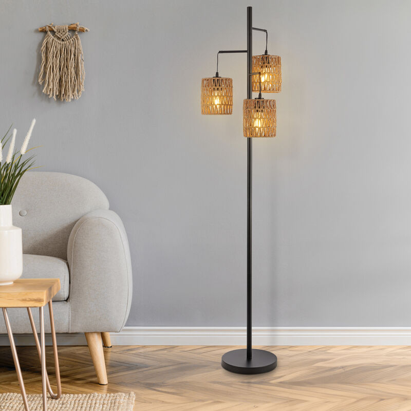 Isla 70.75" 3-Light Mid-Century Bohemian Metal/Rope LED Floor Lamp, Black/Natural