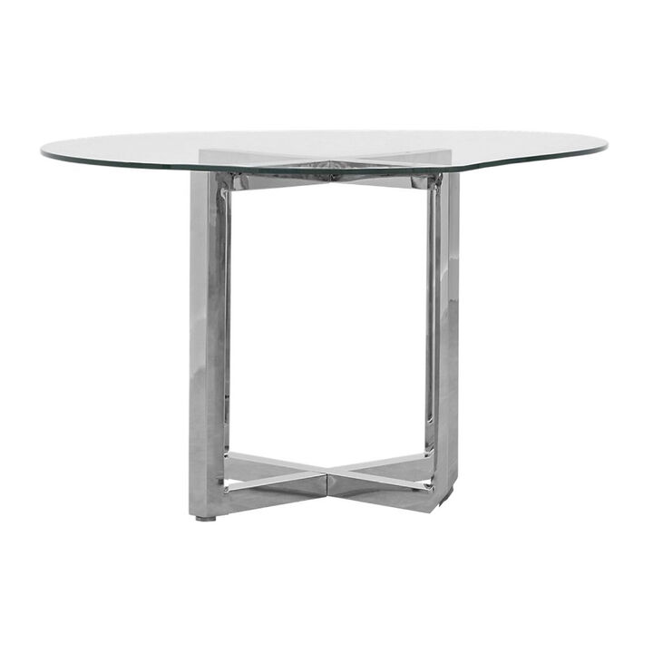 Eun 48 Inch Round Dining Table with Clear Glass Top, Cross Base, Chrome