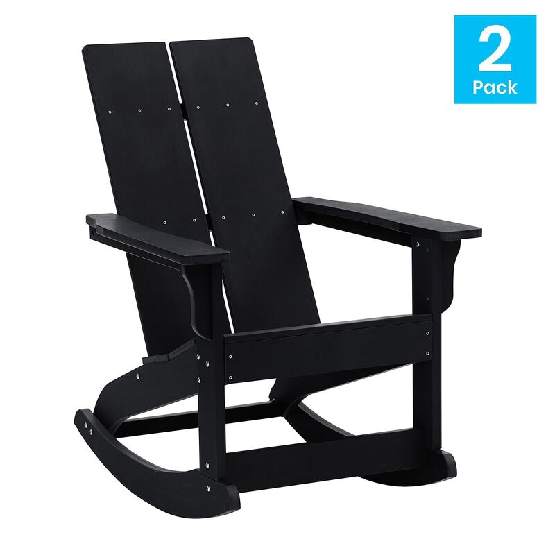 Flash Furniture Finn Modern Commercial Poly Resin Wood Adirondack Rocking Chair - All Weather Black Polystyrene - Dual Slat Back - Stainless Steel Hardware - Set of 2