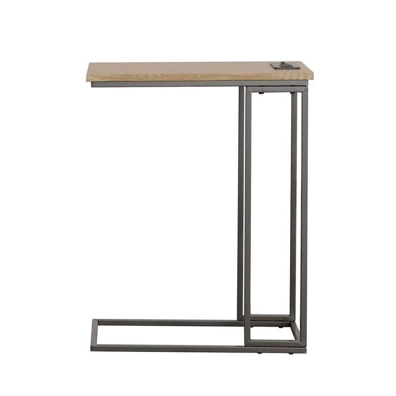 23 Inch Modern C Shape Side End Table, Wood, Metal Frame, USB, Light Brown-Benzara