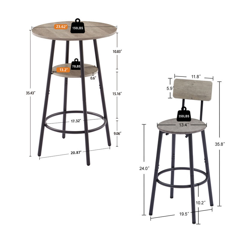 Round Barstool Set With Shelf, Upholstered Stool With Backrest, 23.62" W X 23.62" D X 35.43"